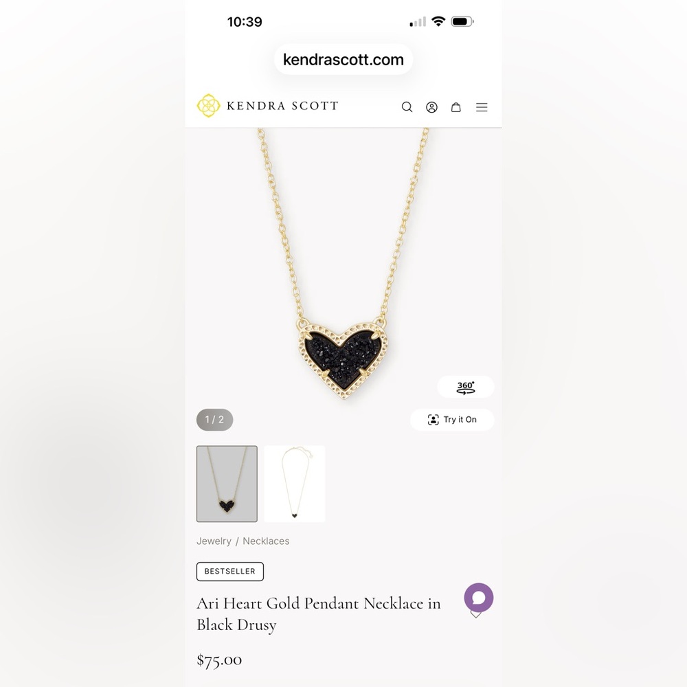 Kendra Scott Gold Heart Necklace with Black Drusy